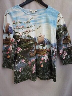 Tradition Scenic Boat & Floral Long Sleeve Top in Blue, Green and Pink